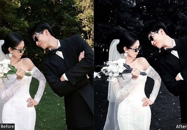 Wedding couple in elegant attire with preset filter applied, showcasing before and after photo editing effects for enhanced visual appeal.
