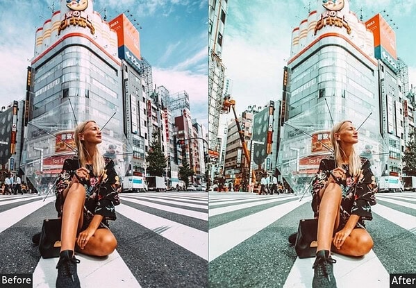 Young woman sitting on crosswalk in Tokyo city with vibrant buildings and clear sky, showcasing urban lifestyle and city energy.