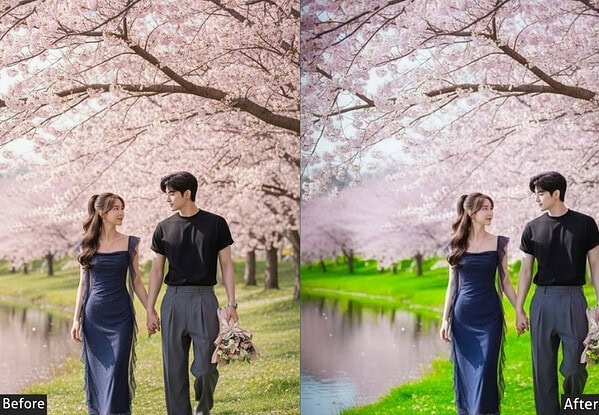 Beautiful couple walking under blooming cherry blossom trees in a park, with vibrant colors and serene water reflection, showcasing a romantic spring scene.