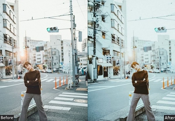 Tokyo street scene with a young woman crossing the road, captured with vibrant colors and urban atmosphere, ideal for showcasing preset effects.