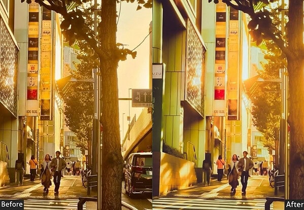 Vibrant Tokyo street scene during sunset with pedestrians, trees, and city buildings, showcasing urban life and warm lighting effects.