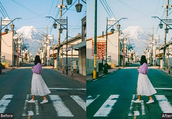 Before and after applying Japan Lightroom preset, showcasing vibrant colors and enhanced contrast on a Tokyo street scene with Mount Fuji in the background.