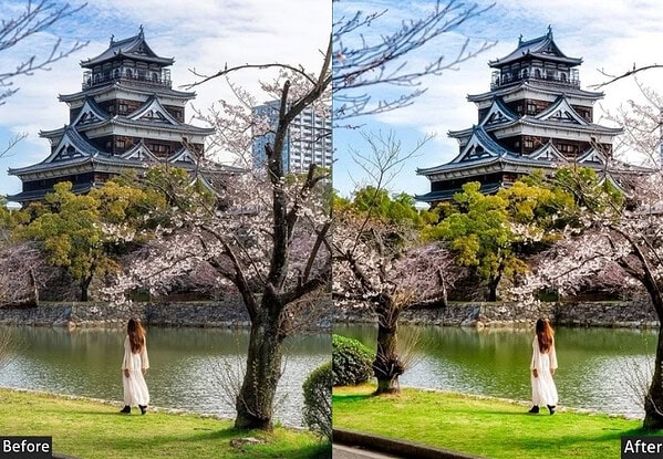 Before and after images showcasing a Tokyo castle with enhanced colors and contrast using Lightroom presets, highlighting vibrant greens and detailed architecture.