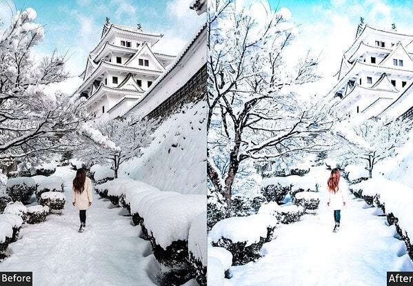 Beautiful snowy landscape with traditional Japanese castle and a person walking through snow-covered garden, showcasing winter scenery and architecture.