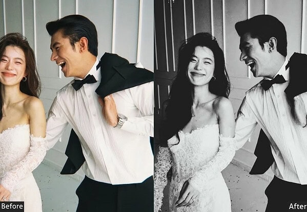 A joyful couple in formal attire, smiling and enjoying each other's company, showcasing a before and after photo with a preset effect for enhancing photos.