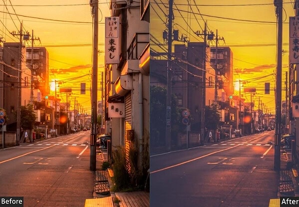 Beautiful Tokyo street scene at sunset with vibrant orange and yellow hues, enhanced by Lightroom presets for a warm, cinematic look.