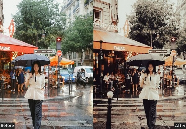 City street scene with woman holding umbrella during rain, showing before and after Lightroom preset effects, vibrant and black-and-white versions.