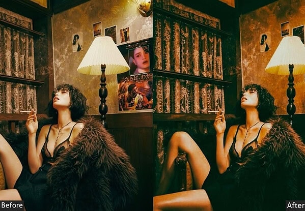 Interior scene featuring a woman with curly hair, wearing a black dress and fur coat, sitting in a cozy room with warm lighting, lamps, and vintage decor.
