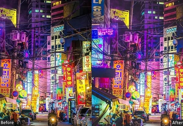 Colorful neon-lit street scene in Tokyo with busy traffic and illuminated signs in Korean, showcasing urban nightlife and vibrant city energy.
