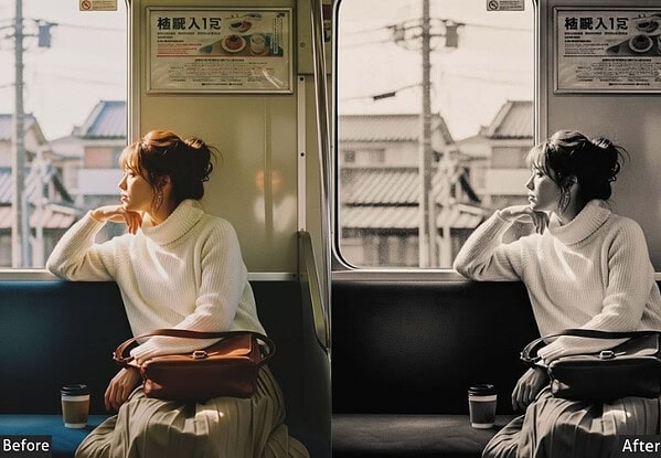 Side view of a woman sitting on a train, wearing a white turtleneck, with a brown bag on her lap, looking out the window, captured in a warm, vintage style with a before and after filter.