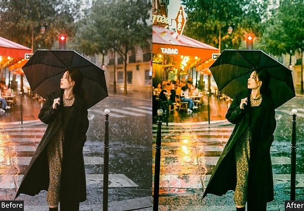 Woman with umbrella on rainy Tokyo street, vibrant city lights reflecting on wet pavement, urban atmosphere, nighttime scene, city life, colorful lights, rainy weather, cityscape, urban photography,.