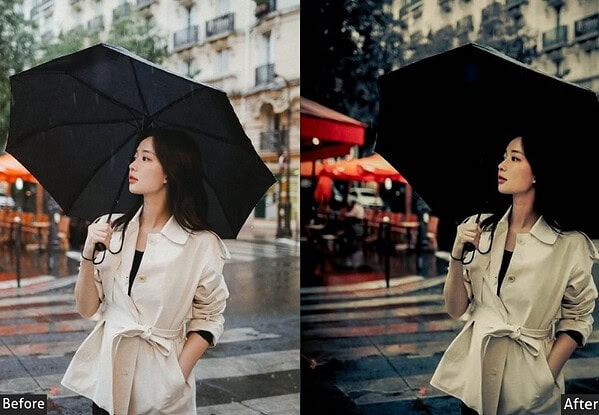 Young woman with umbrella on rainy Tokyo street, showcasing vibrant city life and fashion, enhanced with Lightroom presets for a cinematic look.
