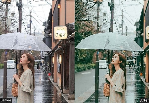 Young woman holding an umbrella on a rainy street in Tokyo, showcasing vibrant city life with a focus on urban atmosphere and weather effects.