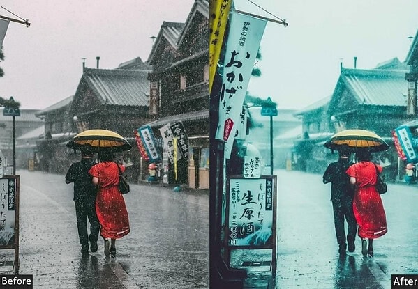 Two people walking in the rain with umbrellas on a traditional Japanese street, showcasing vibrant cultural atmosphere and rainy weather.