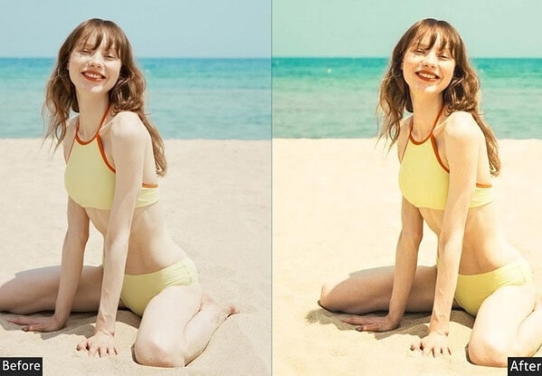 Side-by-side comparison of a woman on the beach before and after applying Lightroom presets, showcasing enhanced color and brightness for vibrant beach photography.