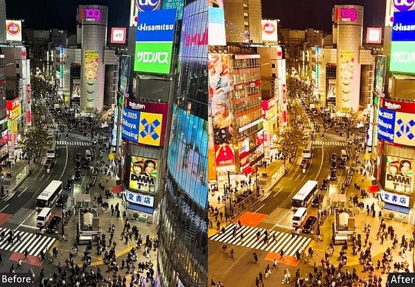 Night view of Tokyo city with illuminated billboards, busy streets, and crowds, showcasing urban vibrancy and neon lights, enhanced with Lightroom presets.