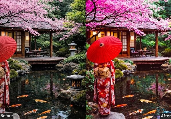Beautiful Japanese garden scene with cherry blossoms, traditional wooden house, koi pond, and a woman in kimono holding a red umbrella, showcasing vibrant colors and serene atmosphere.