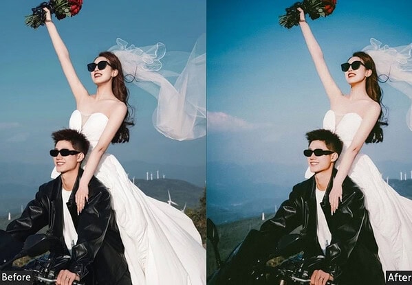 Young woman in a white dress and sunglasses riding a motorcycle with a man, holding a bouquet of flowers, under a clear blue sky, showcasing vibrant color editing.