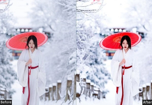 Beautiful woman in traditional white kimono holding a red parasol in a snowy landscape, showcasing enhanced color and clarity after applying Lightroom presets.