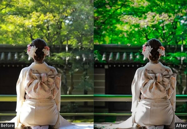 Before and after comparison of a woman in traditional kimono with enhanced green foliage in the background using Lightroom preset.
