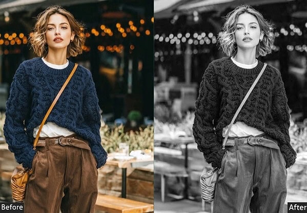 Comparison of a woman in a cozy sweater and brown pants, showing the original and edited images using Lightroom presets for enhanced aesthetic appeal.