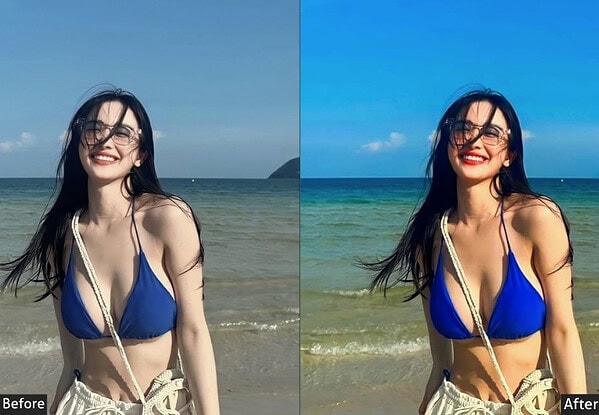 Side-by-side comparison of a woman at the beach before and after applying Lightroom presets, showcasing enhanced colors and brightness.