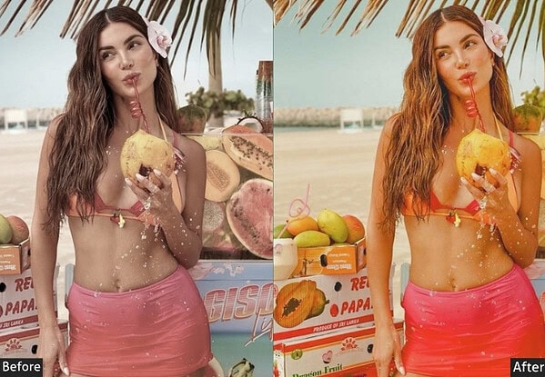 Young woman with long wavy hair in a pink bikini holding a coconut drink on a beach, with tropical fruits and palm trees in the background, showcasing vibrant summer vibes.