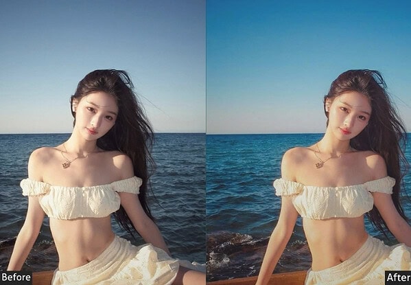 Before and after comparison of a woman at the beach using Korean Lightroom presets for vibrant, stylish edits.