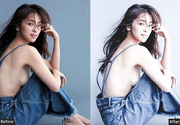 Side-by-side comparison of a woman with and without Korean Lightroom preset applied, showcasing enhanced skin tone and color correction.