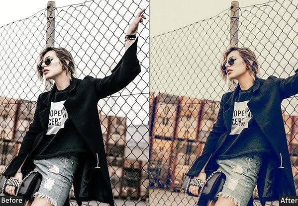 Comparison of urban fashion photo before and after applying Lightroom presets, showcasing enhanced color and contrast for social media content.