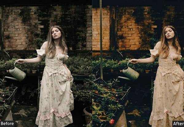 Before and after image showing a vintage garden scene with a woman in a dress, demonstrating Lightroom preset effects for aesthetic enhancement.