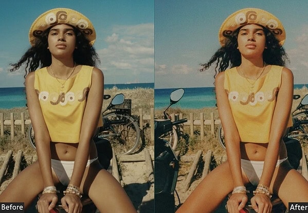 Before and after applying aesthetic Lightroom presets to enhance beachside fashion photography with vibrant colors and improved contrast.