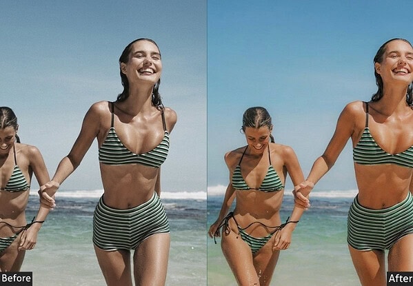 Before and after beach photo edited with aesthetic Lightroom presets for vibrant, sunny images.