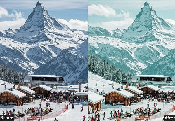 Before and after comparison of a snowy mountain landscape using Lightroom presets, highlighting enhanced color and clarity for outdoor storytelling.