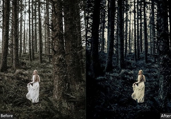 Comparison of landscape photos before and after applying Lightroom presets, highlighting enhanced colors and mood in outdoor photography.