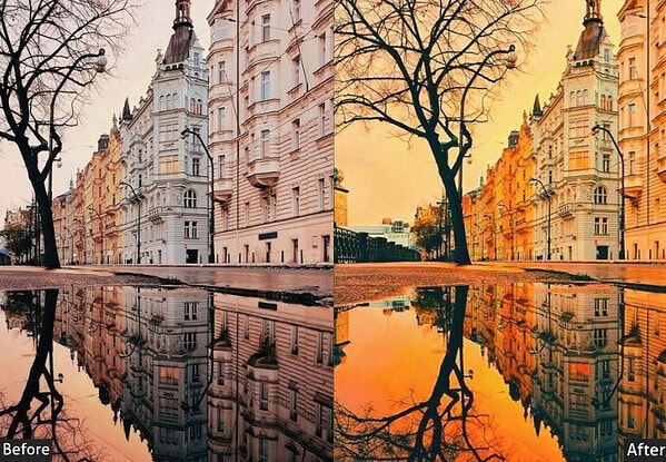 Comparison image showing the effect of landscape Lightroom presets on cityscape photos, highlighting color enhancement and contrast improvements.