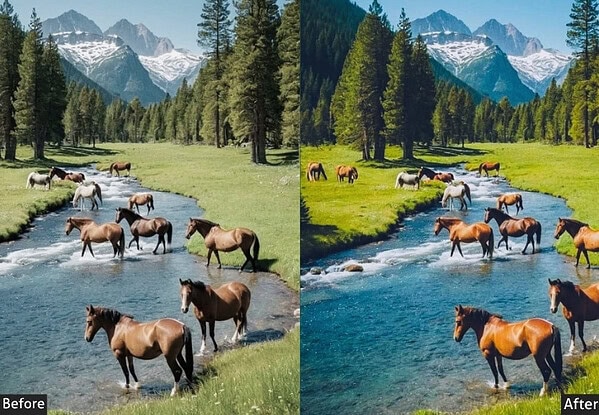 Beautiful mountain landscape with horses in a river, enhanced with Lightroom presets for vibrant outdoor photography.