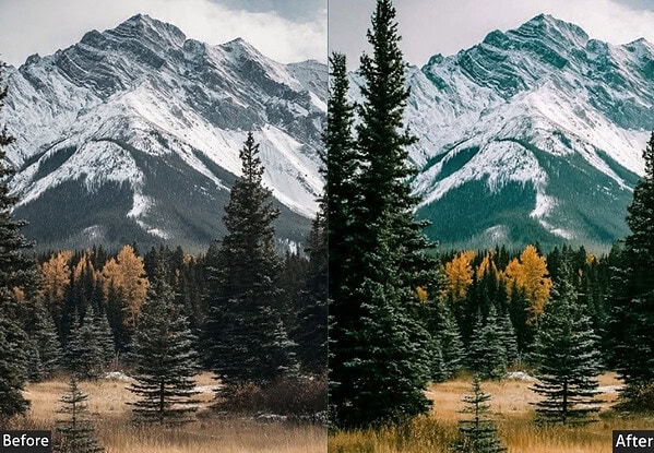 Comparison of landscape photos before and after applying Lightroom presets, highlighting enhanced colors and details in outdoor scenery.