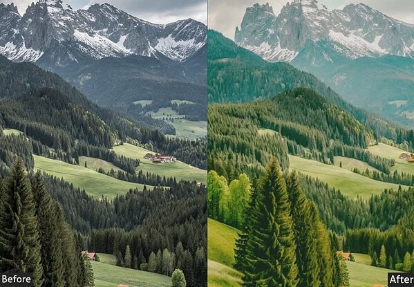 Comparison of landscape photos before and after applying Lightroom presets, showcasing enhanced color vibrancy and clarity in mountain and forest scenery.