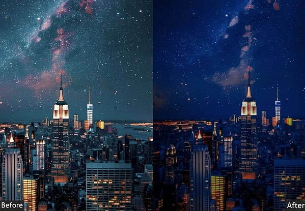 Night city skyline with starry sky, showcasing before and after Lightroom preset effects for outdoor storytelling.