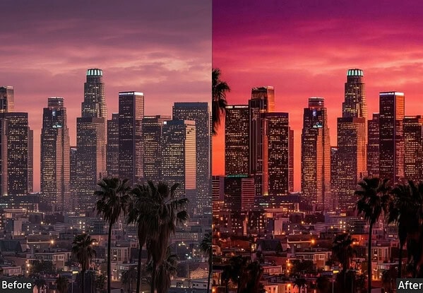 Comparison of Los Angeles skyline at sunset showing before and after applying landscape Lightroom presets for vibrant outdoor photography.