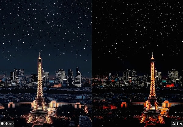 Comparison of cityscape with starry night sky before and after applying Lightroom preset for enhanced star visibility and color correction.