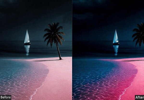 Comparison of a beach scene before and after applying Lightroom presets, showing enhanced colors and contrast for outdoor storytelling.