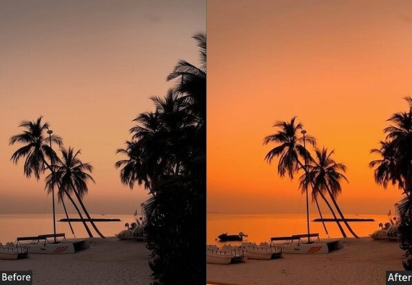 Beautiful tropical beach sunset with palm trees and boats, showcasing vibrant colors and serene scenery for outdoor storytelling.