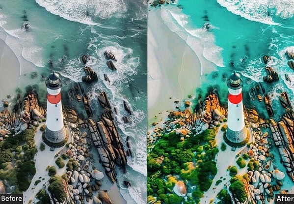 Aerial view of a lighthouse on rocky coast with ocean waves, enhanced with vibrant colors and contrast for landscape photography.
