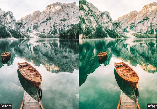 Comparison of landscape photo with and without Lightroom presets showing enhanced colors and clarity in the 'after' image.