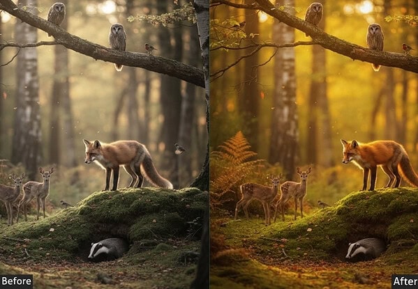 Comparison of forest wildlife scene before and after applying Lightroom presets, highlighting enhanced warm tones and vibrant colors for outdoor storytelling.