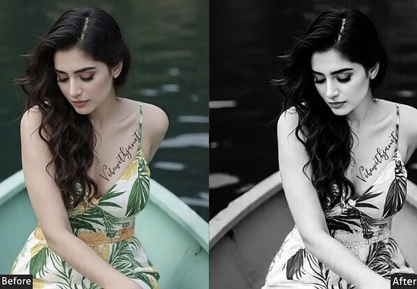 Comparison of a woman in a boat with and without Lightroom preset, showcasing enhanced photo quality and artistic effect for Instagram.