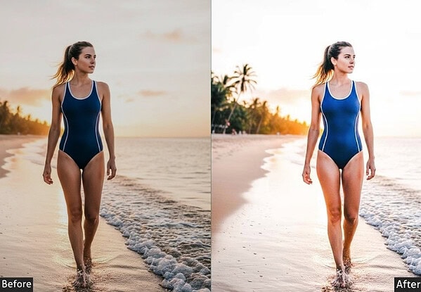 Side-by-side comparison of a woman on the beach before and after applying Lightroom presets for Instagram-worthy edits.