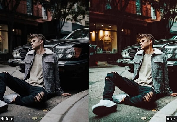 Young man sitting on city street with vintage car, showcasing vibrant Instagram-worthy photo edits using Lightroom presets.